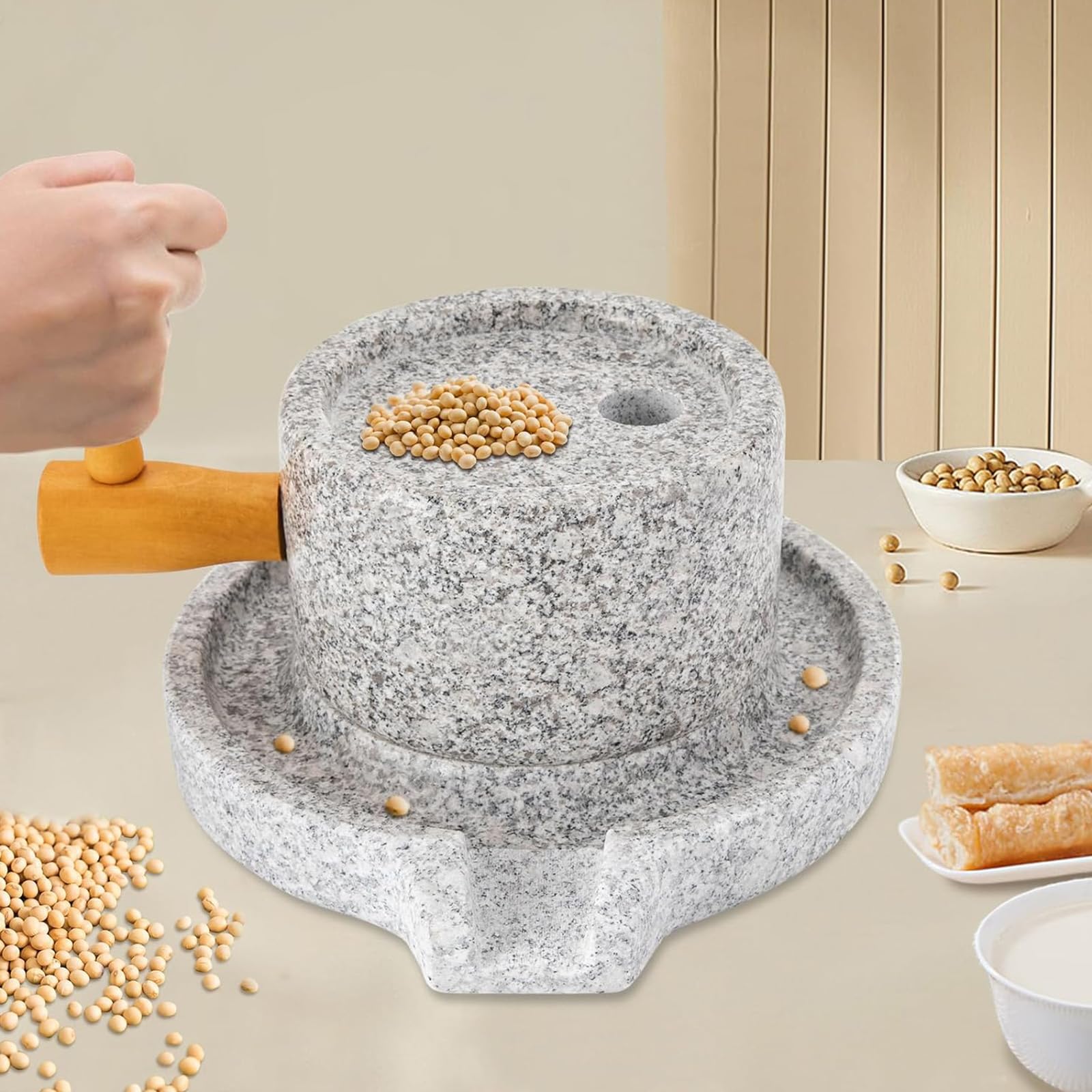 Macina manuale per cereali in pietra, fatta a mano, antica pietra abrasiva, multifunzione, per alimenti secchi e umidi, utensile da cucina