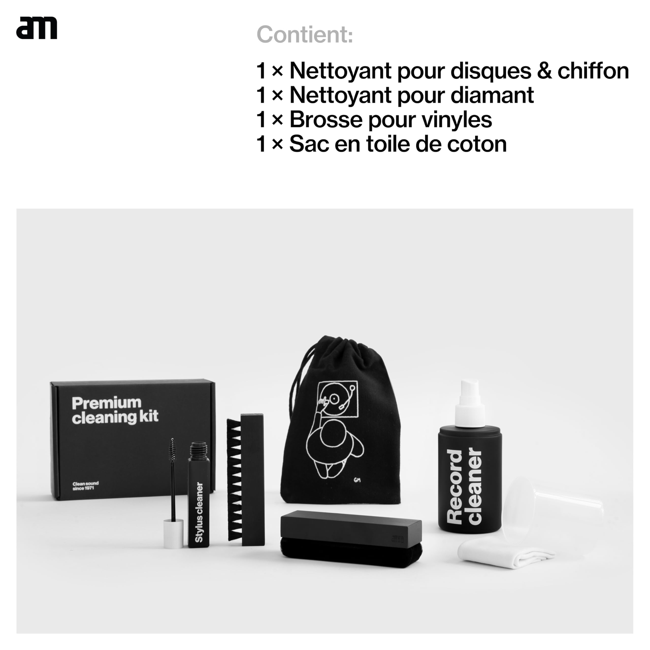 am Kit Nettoyage Vinyle Premium avec Spray, Brosse Velours, Brosse Poils de Chèvre et Nettoyant Stylus