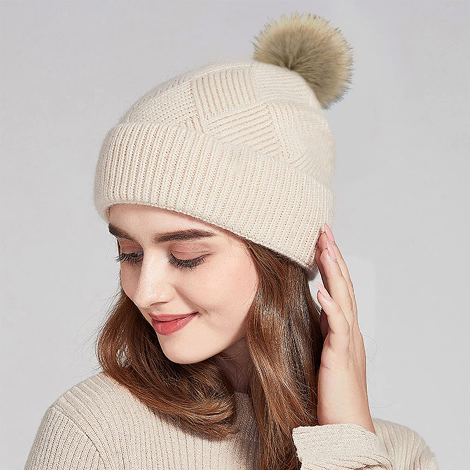 Ensemble bonnet à pompon et gants chauds pour l'hiver - Bonnet tricoté - Cache-cou et gants pour écran tactile - Unisexe