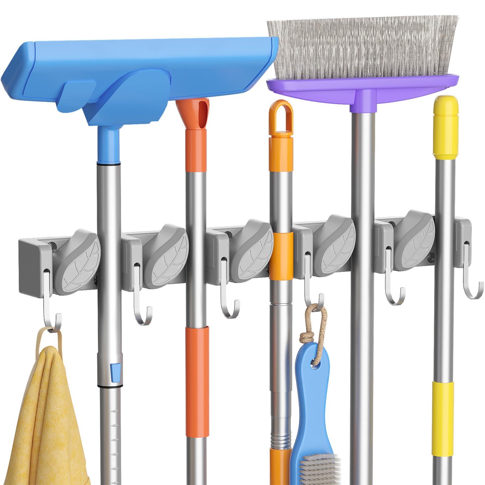 Lifewit Broom and Mop Holder Wall Mount, Non-Slip Cleaning Tool Hanger Organizer with 6 Hooks 5 Slots, Heavy Duty Hanging Broom Utility Rack for Kitchen, Garden, Garage, Laundry, 1 Pack, Gray