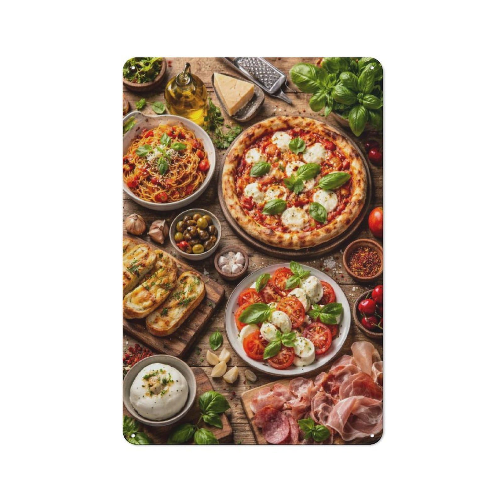Junmoney Style-19 Bistro Style Bistro Metal Sign 30X20cm Featuring Italian Feast Spread, Shop Wall Decor For Takeaway, Bar, Kitchen Or Counter Area