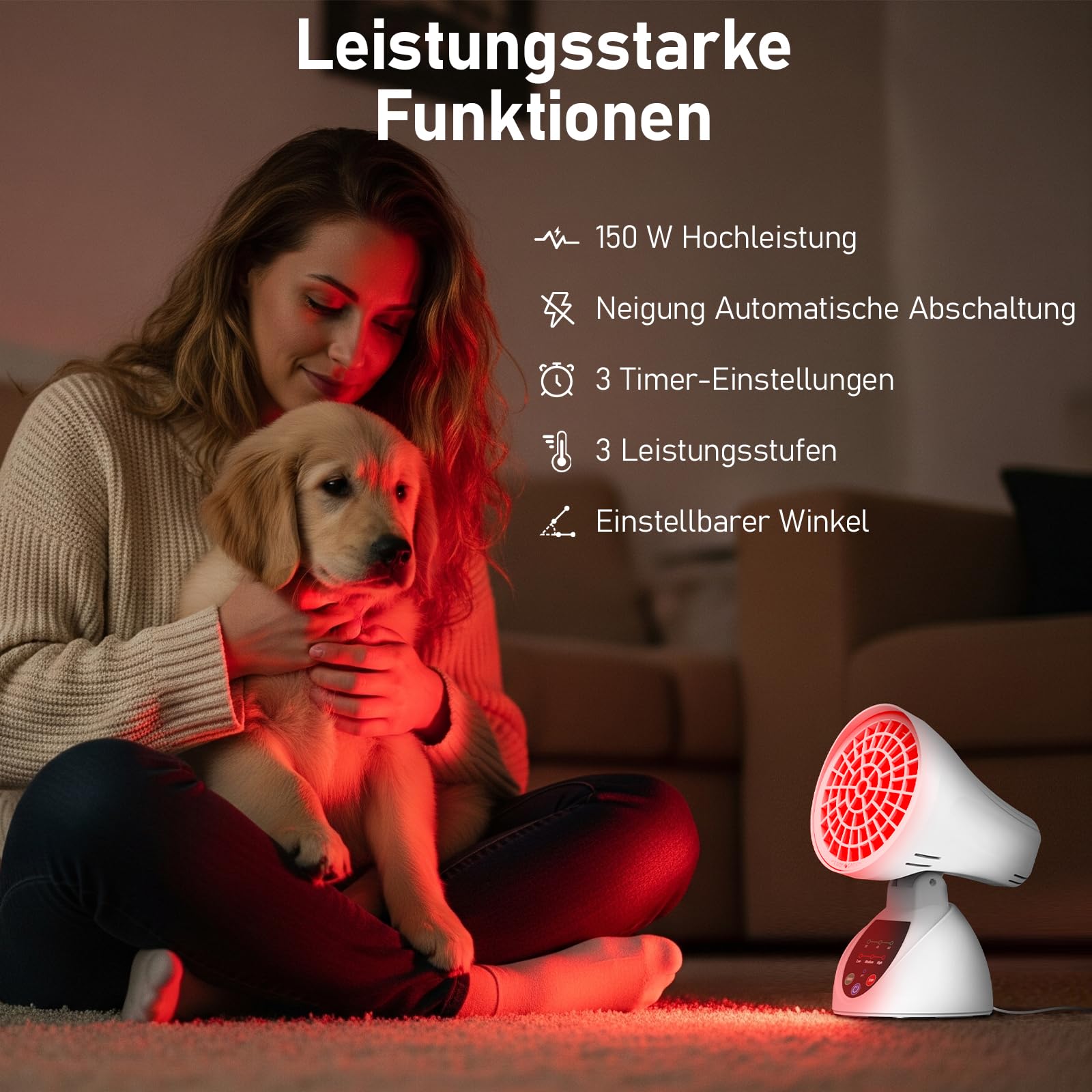 Lámpara de luz roja, lámpara infrarroja Relhafethy con ángulo ajustable, 150 W infrarrojos, temporizador de 30/45/60 minutos, protección antivuelco con apagado automático para hogar y oficina