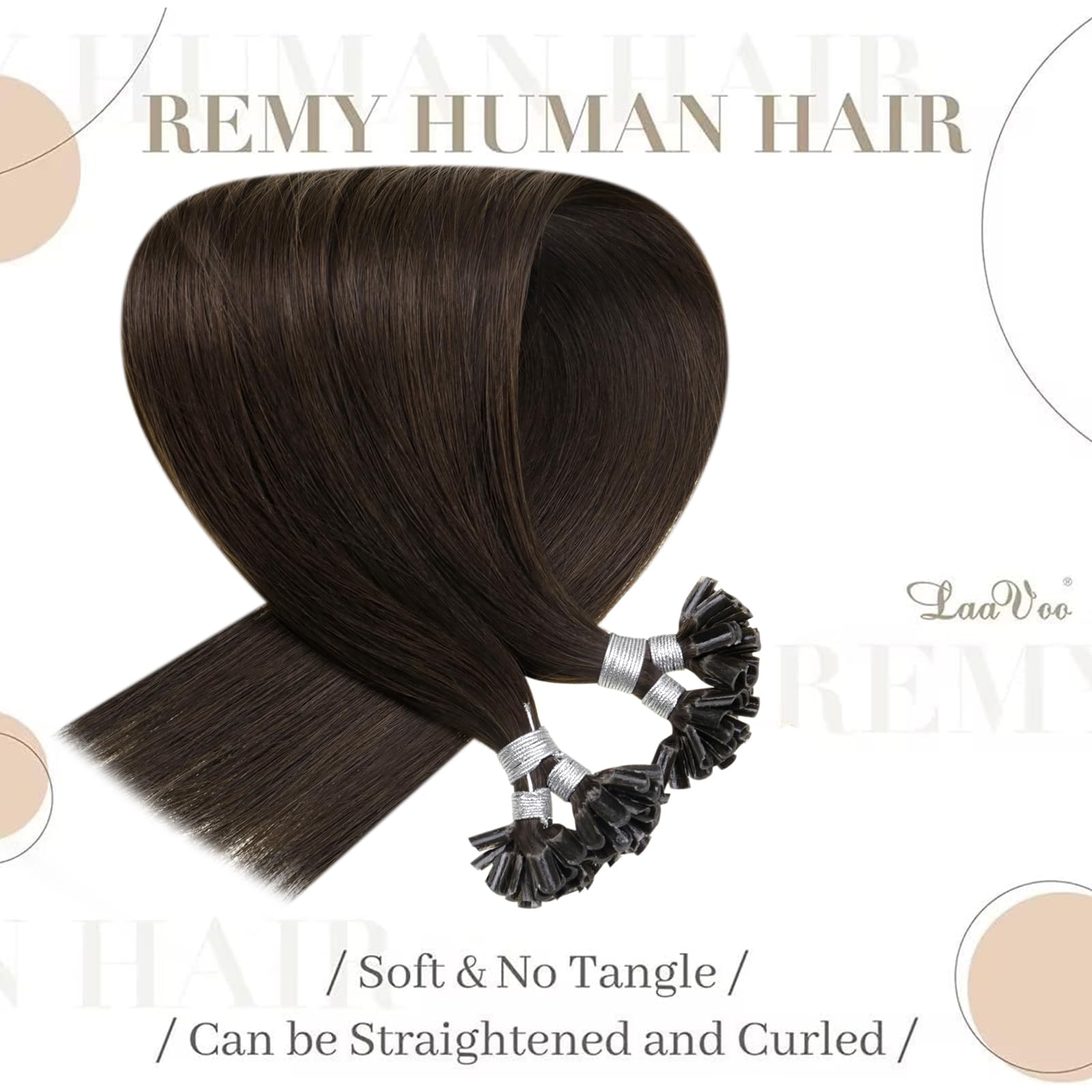 LaaVoo Human Hair Extensions U Tip Real Brown, Remy Straight Dark Brown Real Hair Extensions - Image 2