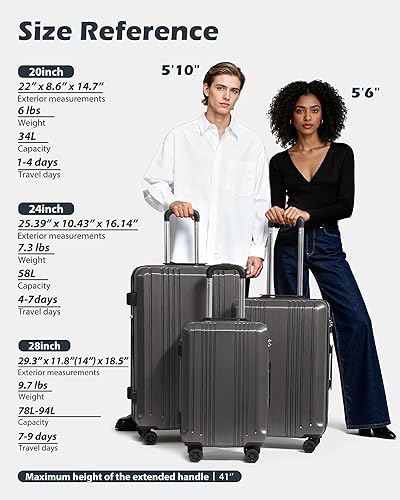 Miniatura 3 de Coolife Maleta Expandible PC+ABS Juego de 3 piezas con cerradura TSA Spinner 20in24in28in, plateado