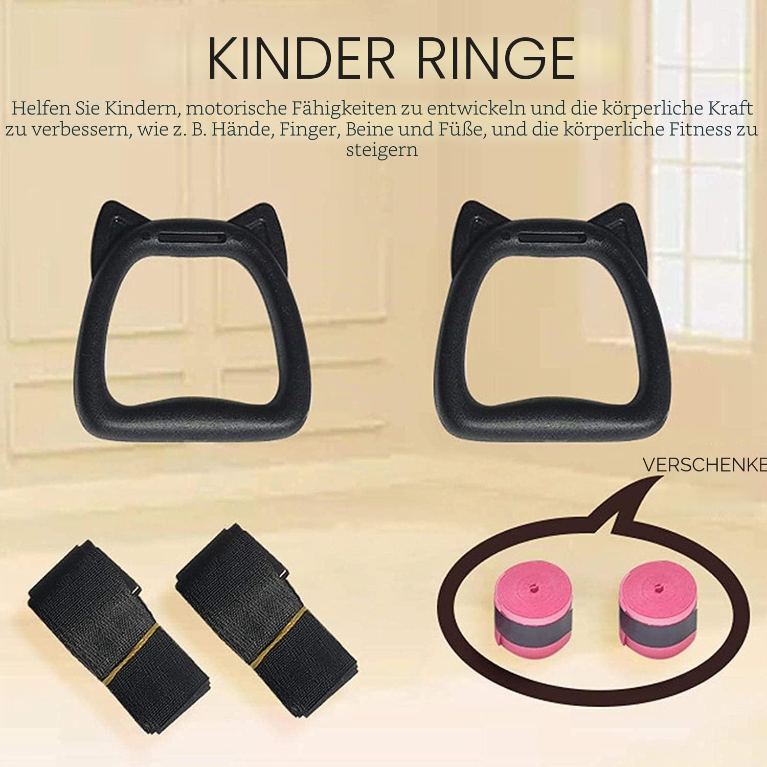 Gymnastikringe für Kinderstangen, Übungsringe zum Aufhängen mit Riemen, professionelle Fitnessringe, Klimmzugringe, Kindertrapezstange, Klimmzüge, Gymnastikringe, rutschfest, belastbar bis 200 kg
