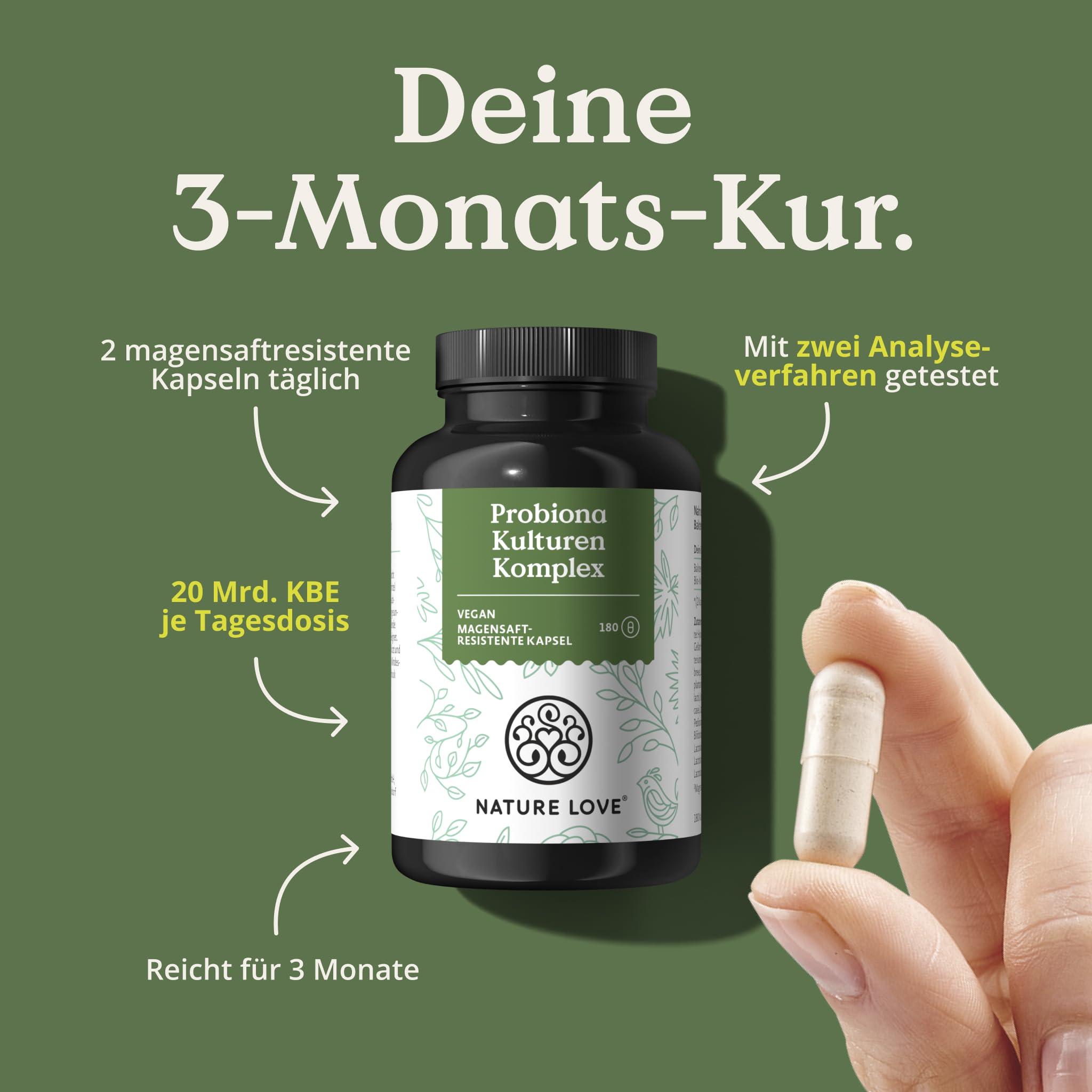 Nature Love Probiona Kulturen Komplex – abgestimmte Bakterienstämme – 300 Mrd. KBE/g – 180 Kapseln, magensaftresistent, vegan – mit Lactobacillus & Bifidobakterien, 20 Mrd. KBE/Tag, 3 Monate
