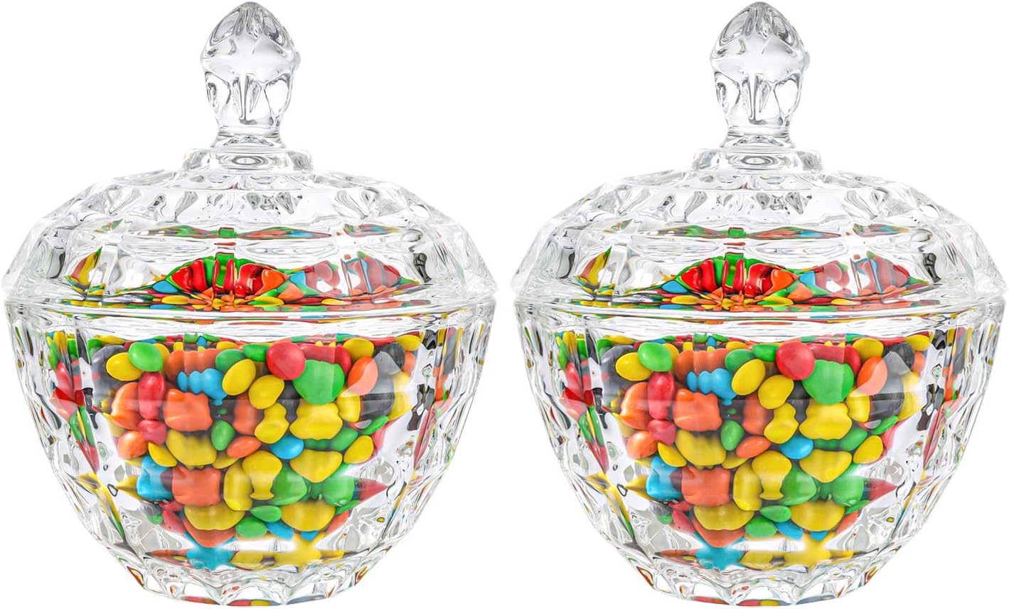 ComSaf Glass Candy Sweet Jars with Lid Set of 2, Crystal Bon Bon Jar Covered Sugar Bowl Small Decorative Cookie Dish Buffet Storage Container Clear for Party Wedding Birthday Gift (Diameter: 11CM)