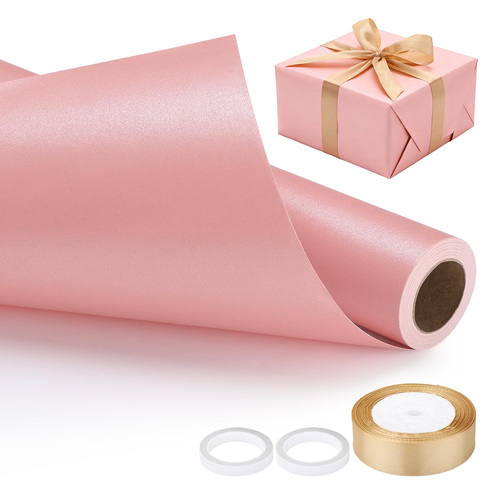 EUSOAR Pink Wrapping Paper - 1 Roll 43cm x 10m Packing Paper, 1 Gold Bow Ribbon and 2 Double-Sided Tapes - Gift Wrapping Roll Set for Girls Birthday Wedding Floral Bouquet Packing