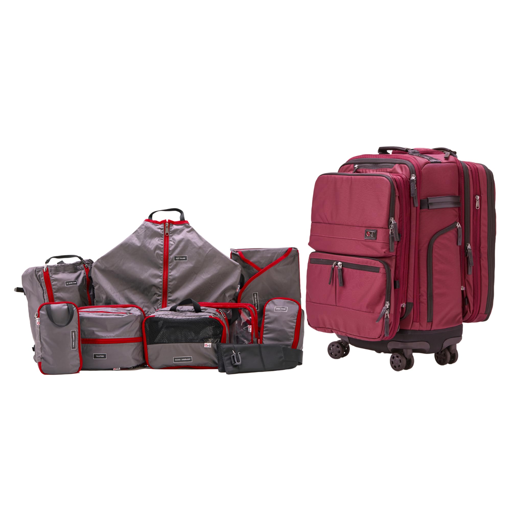 ONLI TRAVEL Trilogy All-In-One Bundle: 3-Part Modular Rolling Pack and 8 Perfect Fit Packing Cubes and a padded hip belt. Get 3 bags in 1 (Zinfandel)