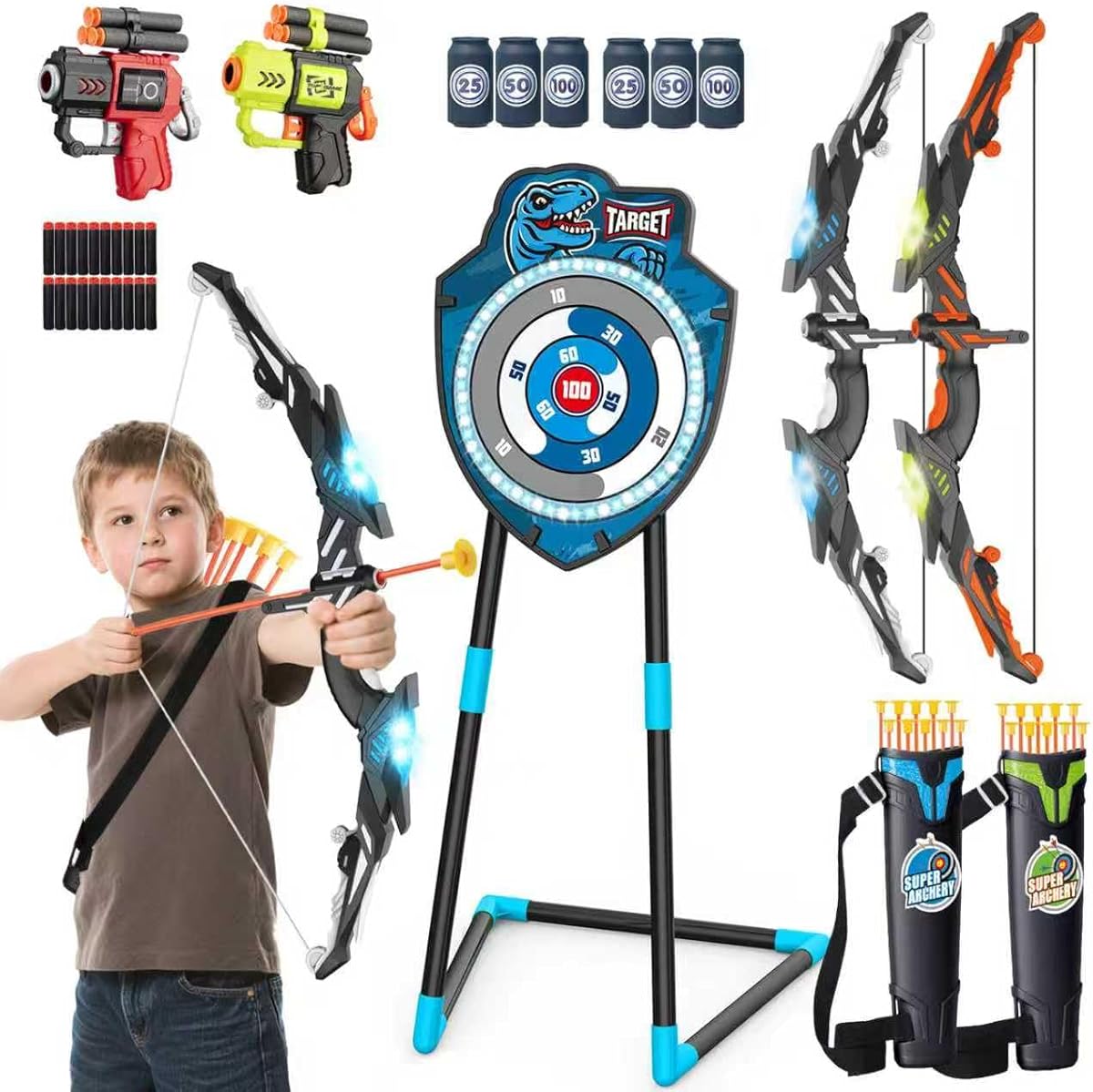 VROGTIK Kids LED Standing Archery Set with Bow & Arrows – Outdoor Sports Toy Gift for Boys & Girls Ages 4-12, Safe & Fun Target Practice Game, Blue/Green