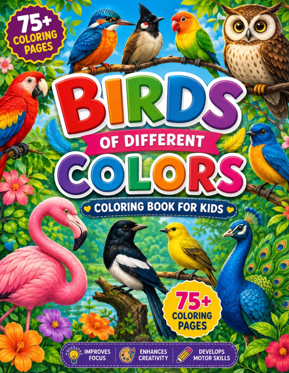 BIRDS OF DIFFERENT COLORS.: 75+ Beautiful Birds Coloring Pages for Kids - A Fun Journey Through Colorful Birds from Around the World such as SPARROW, OWL,MAGPIE,and many more.
