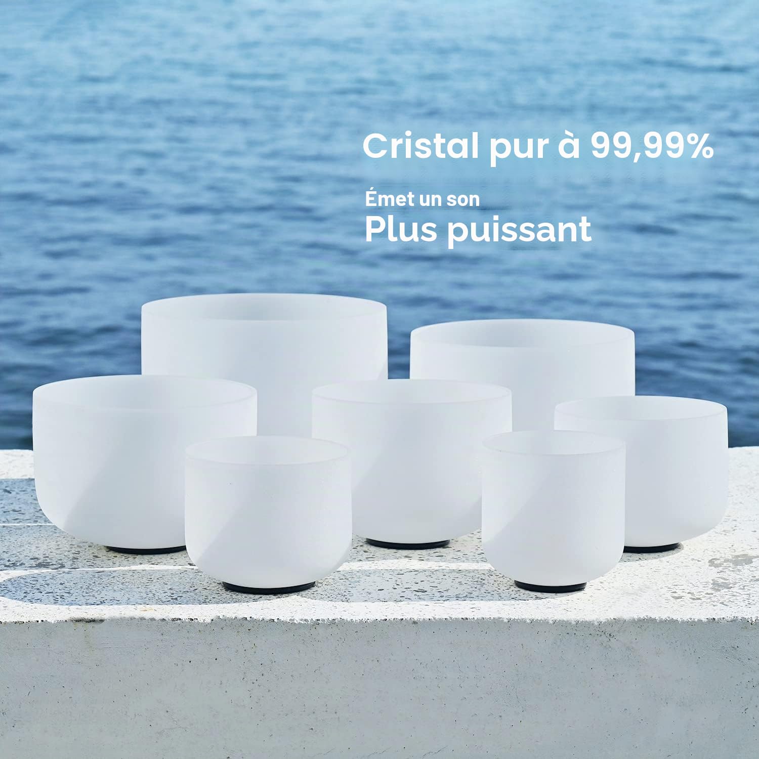 CVNC Lot de 7 bols chantants en cristal de quartz givré avec 2 étuis de transport pour la guérison par le son et la méditation 15 à 30 cm 432 Hz