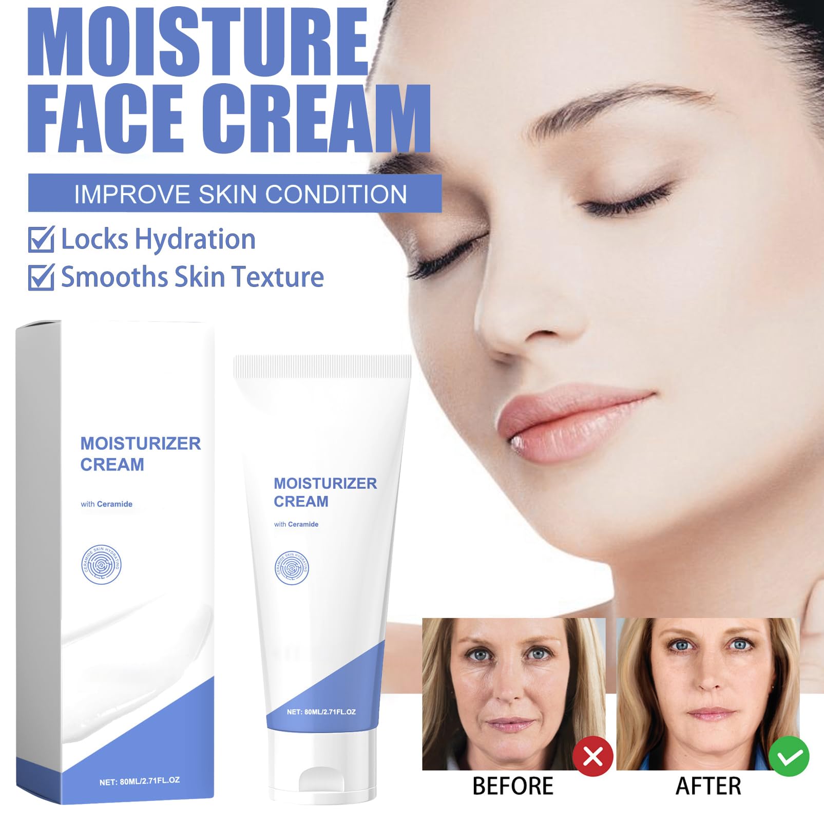 Ceramide Gesichtscreme - Feuchtigkeitscreme für Frauen - Glatte Haut Gesichtscreme - Anti-Falten-Gesichtscreme - Anti Aging Creme Damen - Trockenheit und Rauheit reduzieren Elastizität verbessern