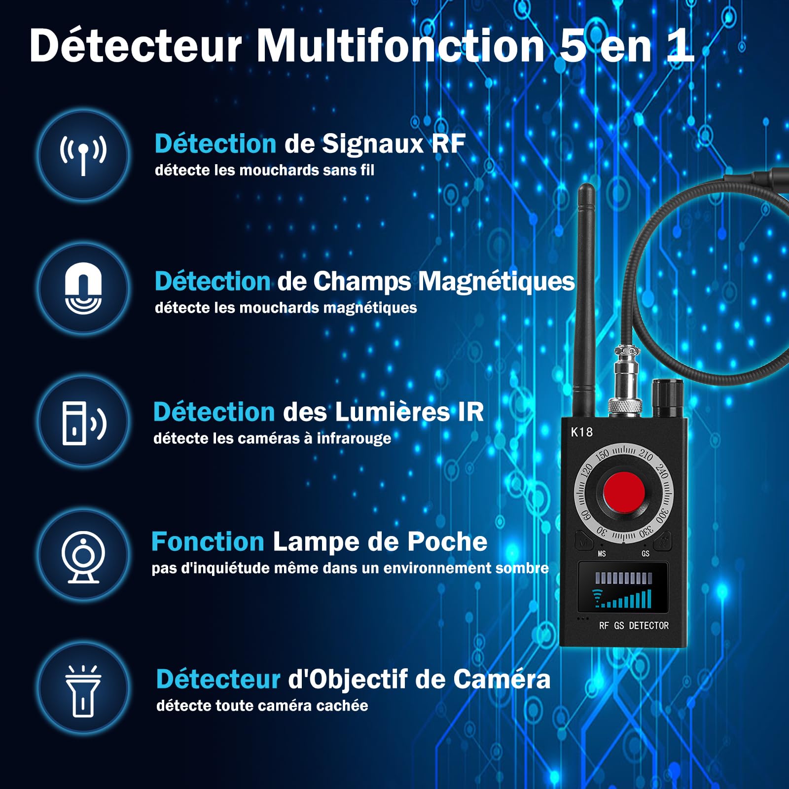 Micro Espion Détecteur, Bug Détecteur RF sans Fil, Détecteur de Micros GPS, Detecteur de Camera et Micro Espion, Détecteur de Bugs pour pour Bureau à Domicile Hôtel