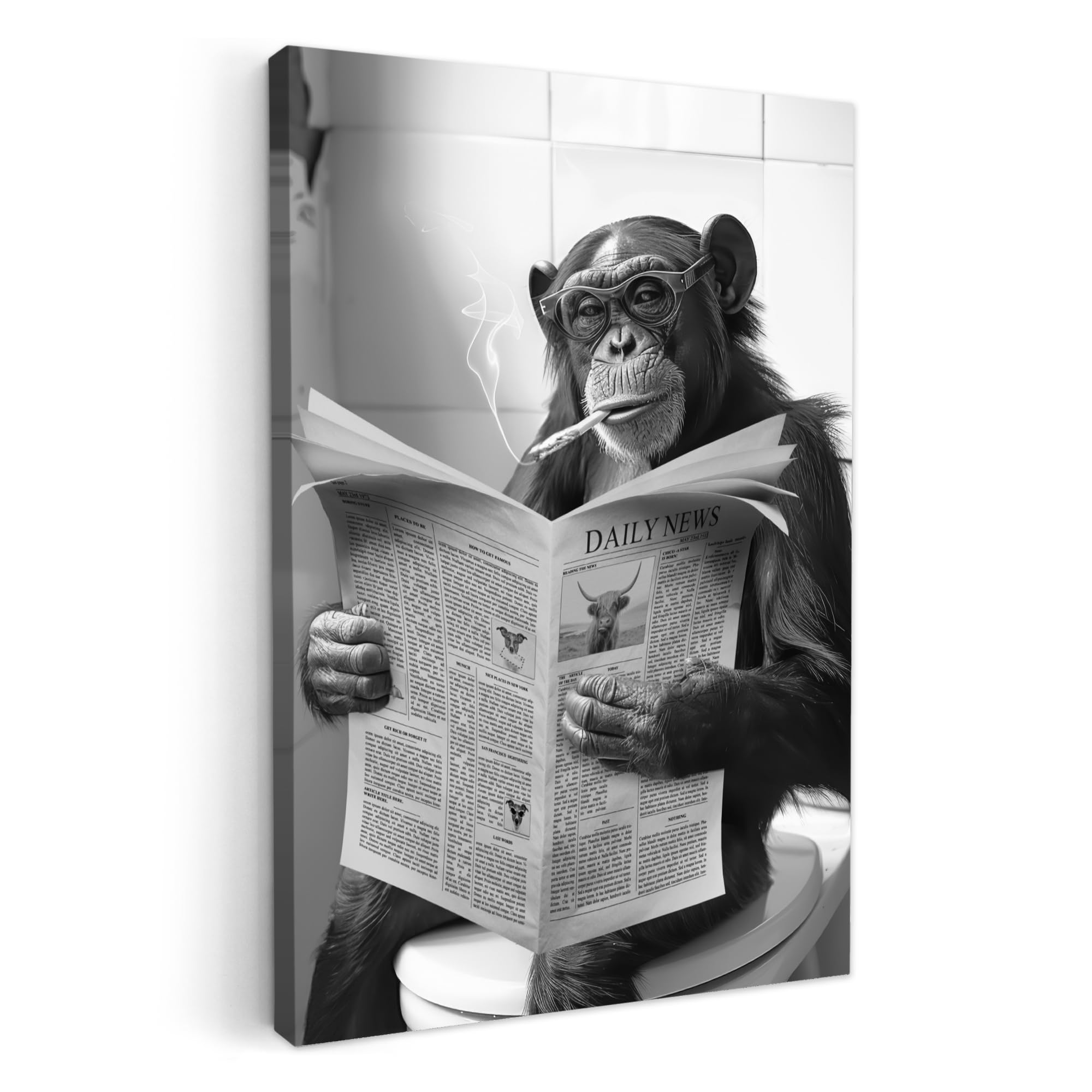 MuchoWow© Canvas Wall Art Work 80x120 cm Room Decor Painting Wallfillers Picture Decoration Prints Monkey - WC - Newspaper - Black and white - Humour
