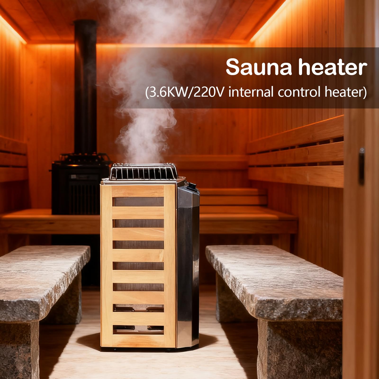 Calentador Sauna Eléctrico 3,6 Kw Acero Inoxidable Controlador Digital Temporizador 3 Horas Pared