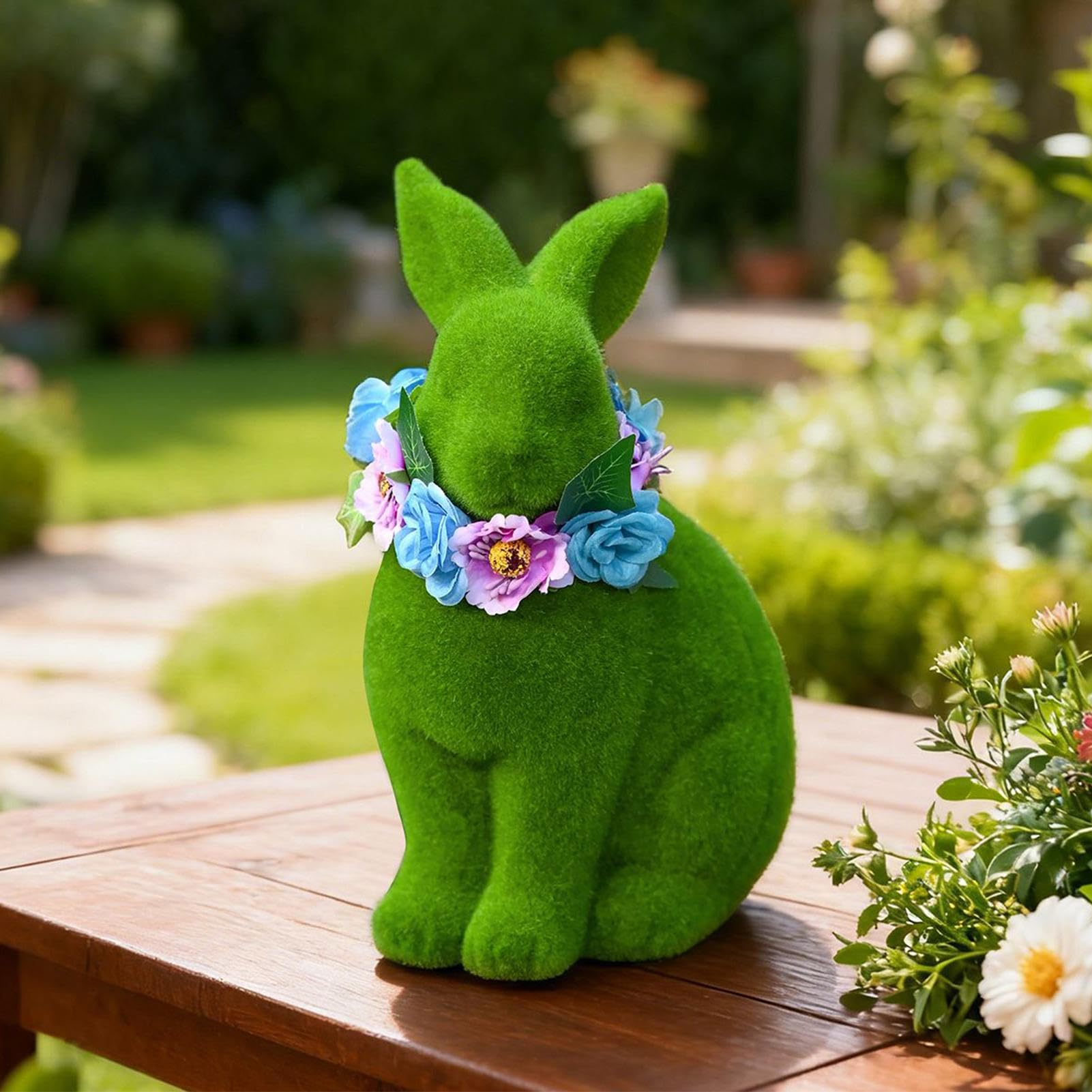 Statua zająka wielkanocnego | 3D zielona żywica artykuły świąteczne nosząc wieniec kwiatowy, zajączek wielkanocny dekoracja ogrodowa, na podwórko, trawnik, na zewnątrz, ganek, drzwi, narożnik stołu