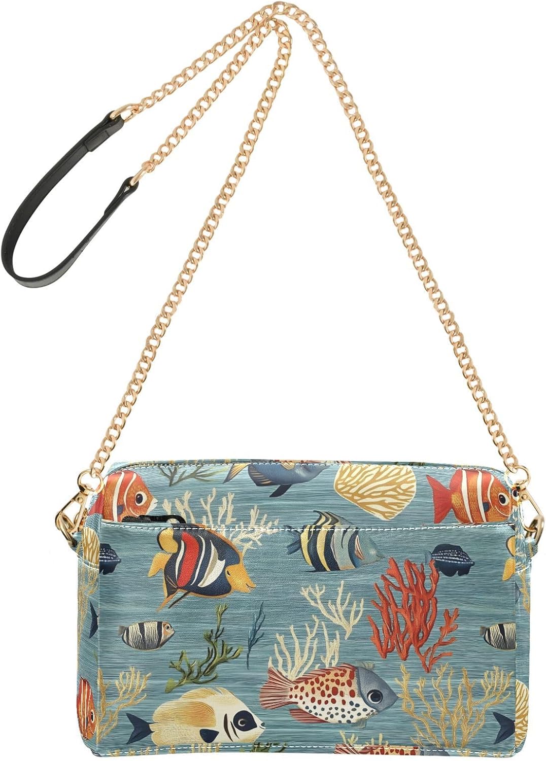 Women Crossbody Bag Shoulder Handbag Cellphone Purse PU Leather Metal Chain Strap Water Resistant Zipper Closure Anime Tropical Fishes Print