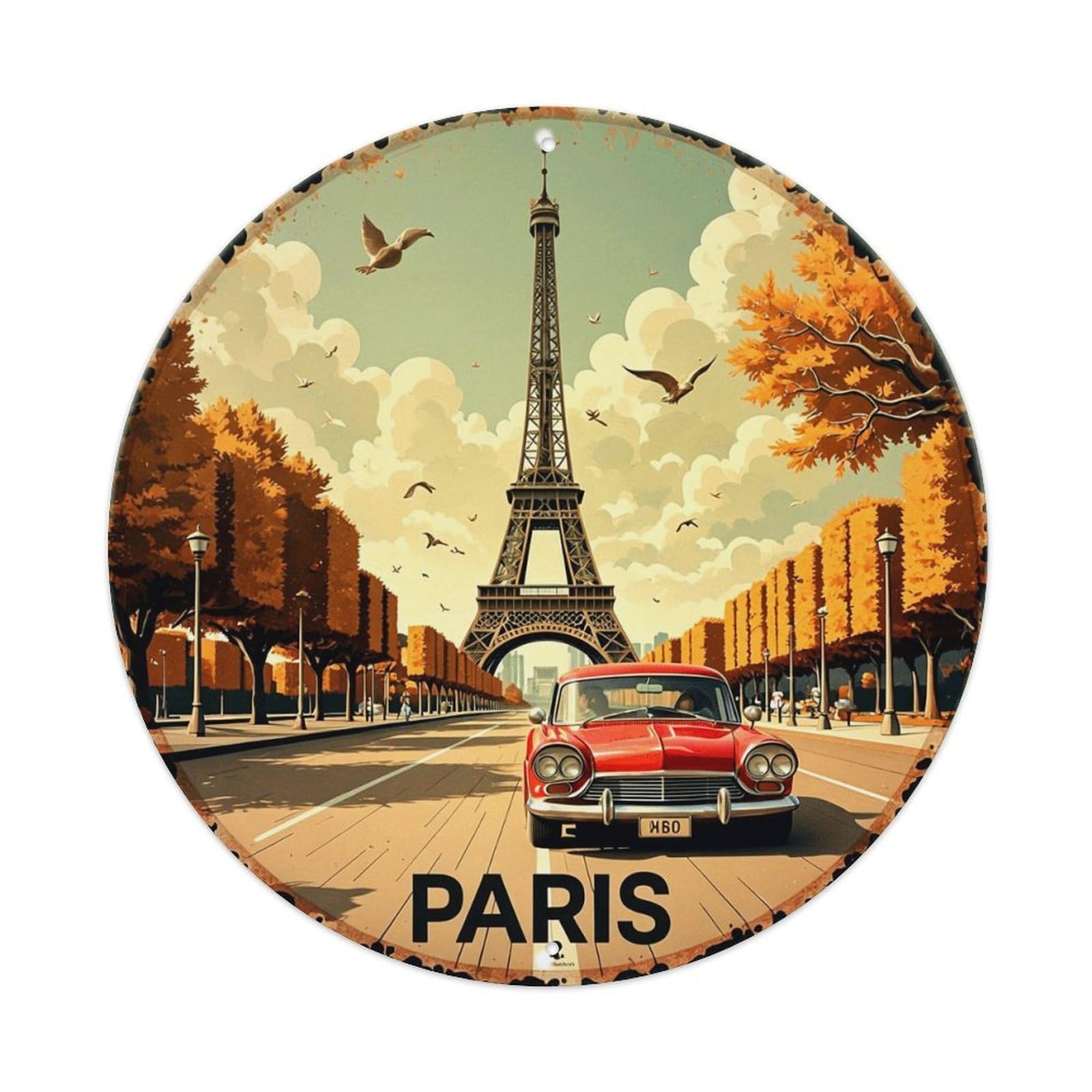 Nestemfo Vintage Paris Eiffel Tower Scene Tin Sign Metal Sign, Living Room,Bar, Home, Bedroom Wall Decor,Retro Circle Metal Poster 8X8 Inches