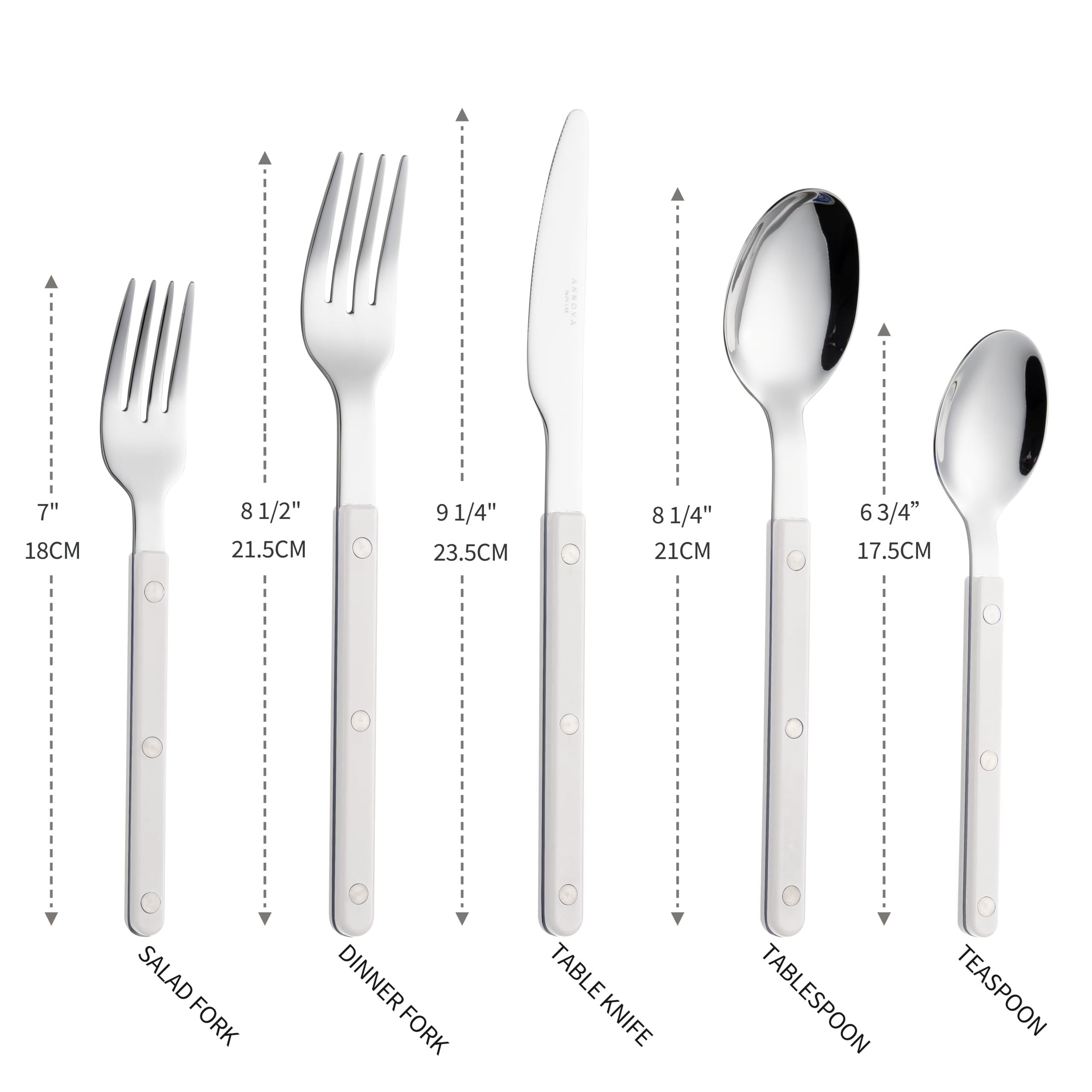ANNOVA Set di posate, posate in acciaio inossidabile colorate in stile retrò/rivettate, coltelli da tavola, forchette, cucchiai, forchette da insalata e cucchiai da dessert (Bianco,10 Pezzi)