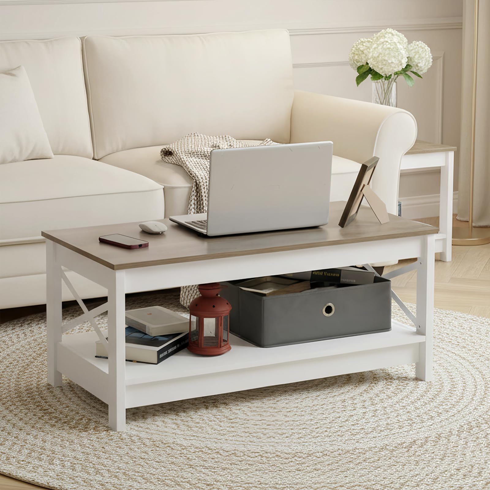 buybyroom Mesa de salón, mesa de salón, mesa de café de 2 pisos, estilo rústico, con espacio de almacenamiento, para dormitorio, salón, entrada, mesa de café, color blanco