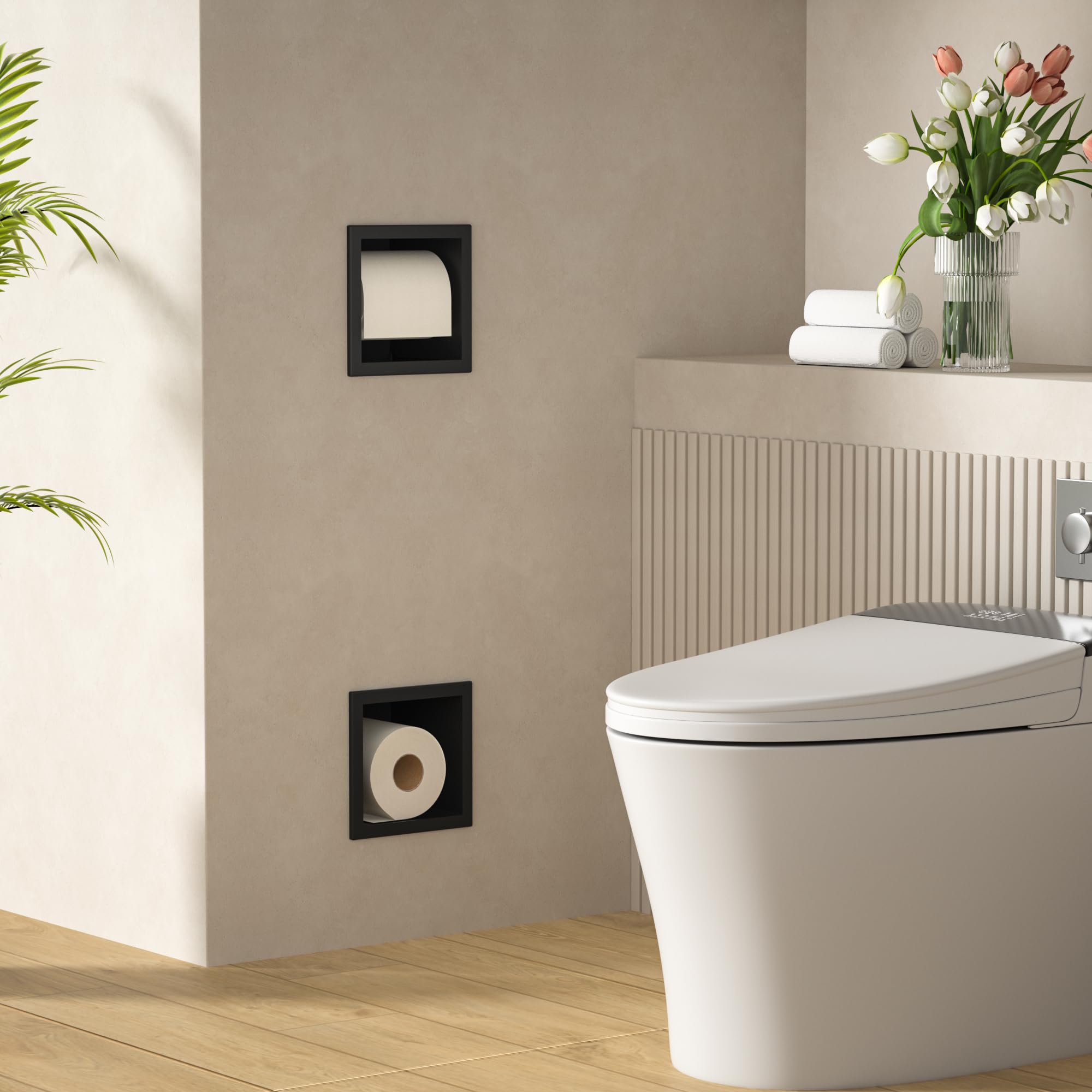 Soporte para papel higiénico empotrado, 74 × 20,8 × 14 cm, acero inoxidable, soporte para papel higiénico, módulo de armario empotrado para inodoro, negro