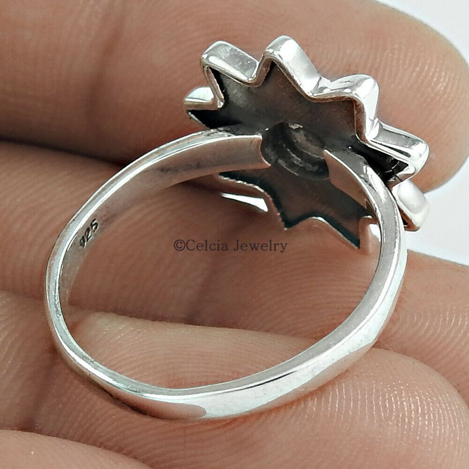 Plata de ley 925, anillo de piedras preciosas curativas naturales con piedra lunar arcoíris, joyería única con diseño de flores para mujeres, anillo floral vintage, piedra natal de junio