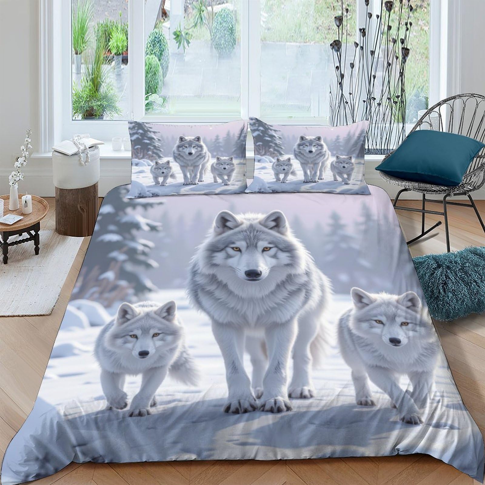 Ctjqhvkz Style-7 3D Printed Wolf Family Fitted Sheet Microfiber Soft Grey Forest Mattress Cover For Bedroom Guest Room Dorm Decor Single（135X200cm）