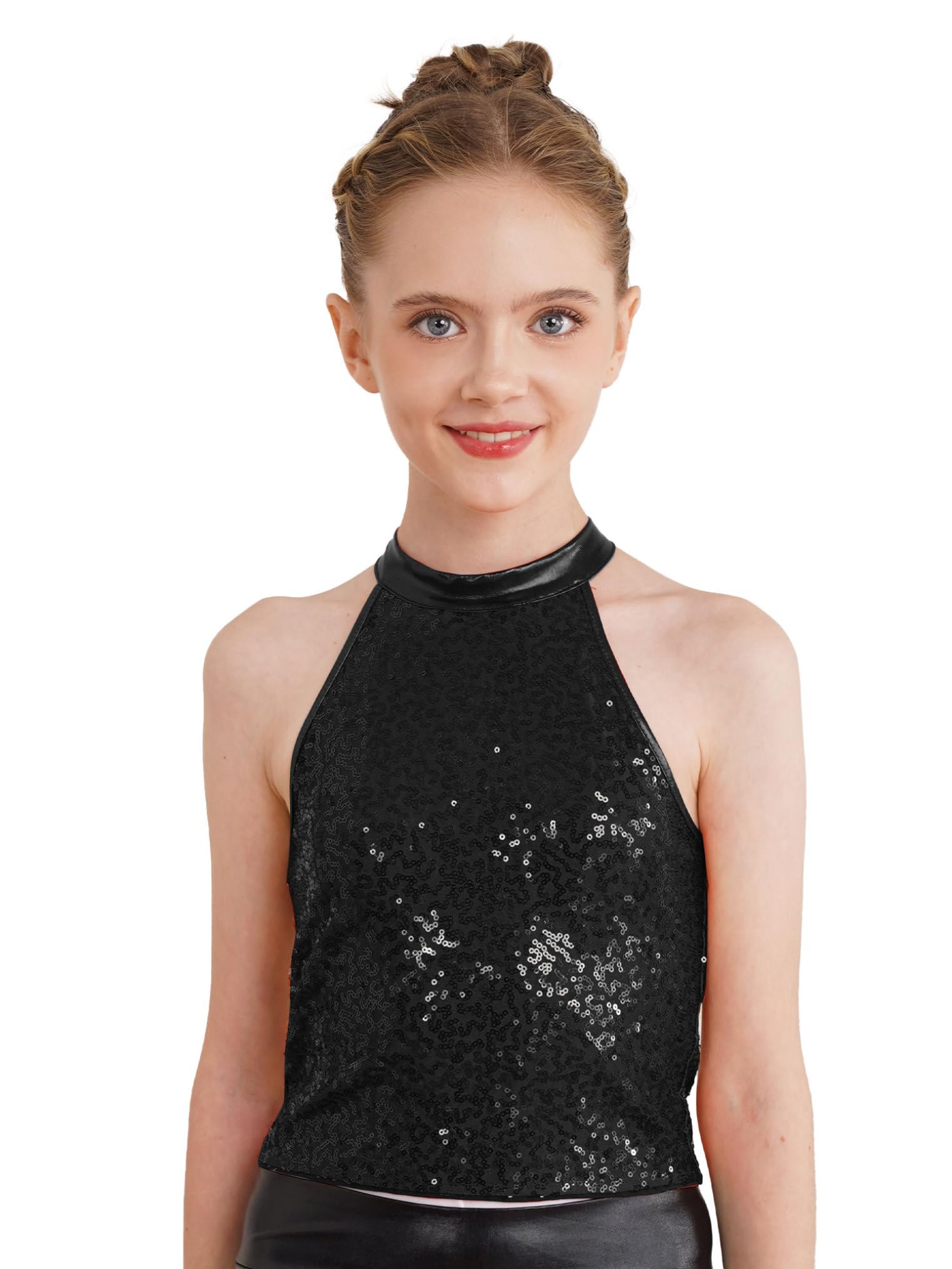 Freebily Kids Girls Sparkly Sequin Jazz Hip Hop Dance Top Ballet Modern Dance Dancewear