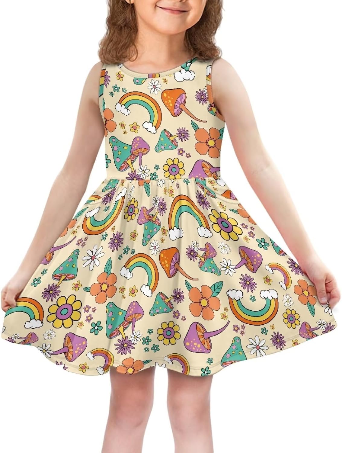 Loose Fit Cute Sundress with Side Pockets Soft Sleeveless Summer Floral Dress for Girls Playwear