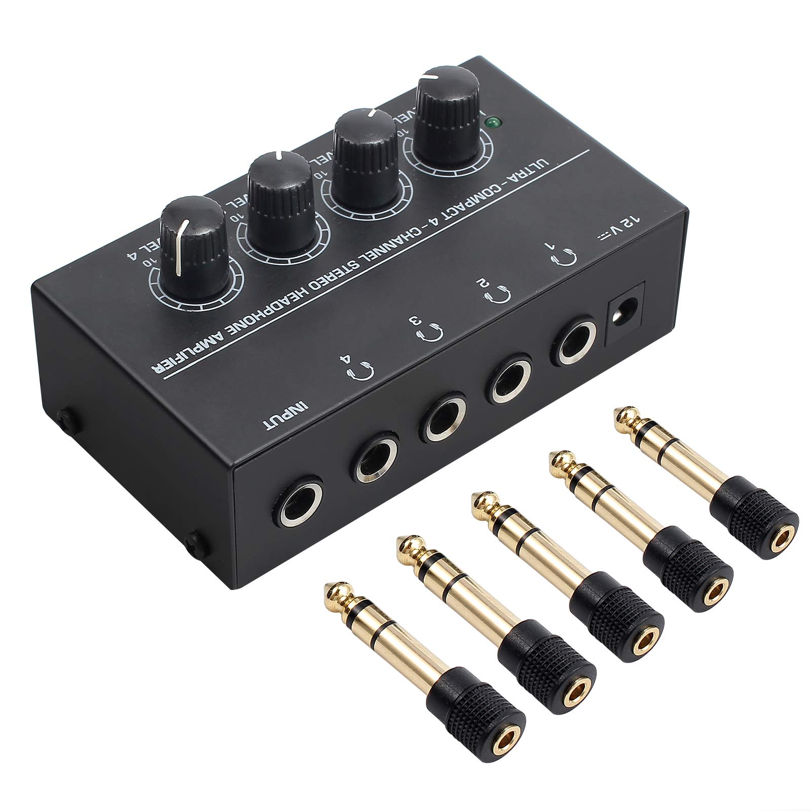 Neoteck HA400 Ampli Casque 4 canaux Ampli Casque stéréo Ultra Compact avec Adaptateur 5pcs 6.3mm (1/4 Pouce) à 3.5mm (1/8 Pouce) et Adaptateur Secteur