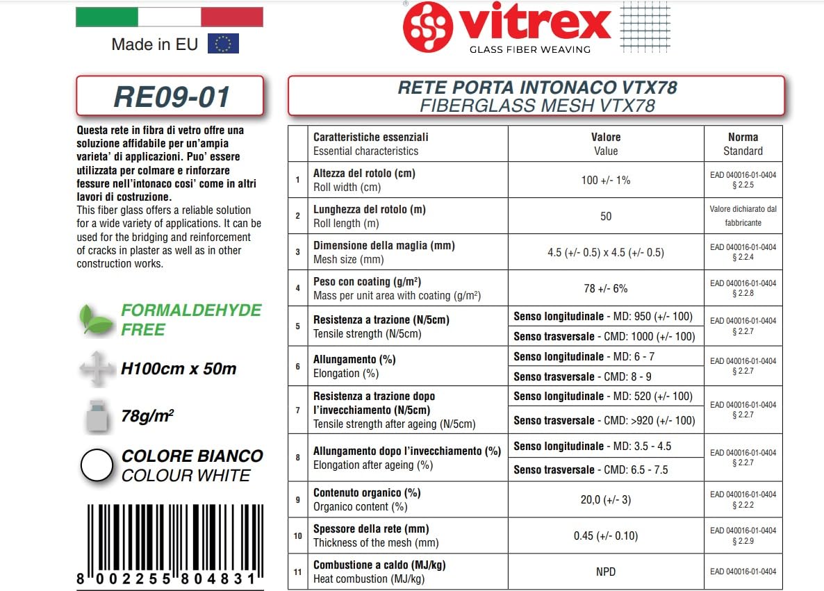 UTILFER RETE RETI PORTAINTONACO FIBRA VETRO ANTIALCALINA APPRETTO CERTIFICATA ETAG (Maglia 5 x 5 gr.80 mq)