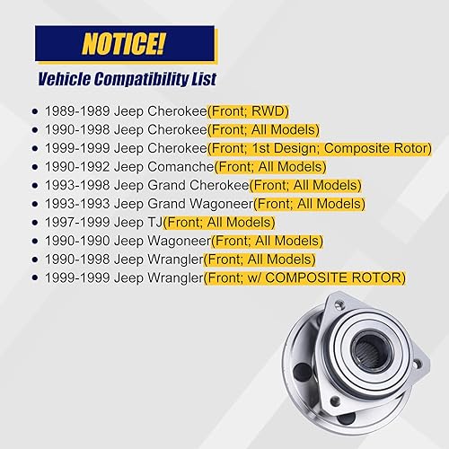 Miniatura 6 de KUSATEC 513084 Cojinete de rueda delantera y conjunto de cubo 2 piezas compatible con Jeep Cherokee 4WD4x4, Grand Cherokee, Wrangler Comanche