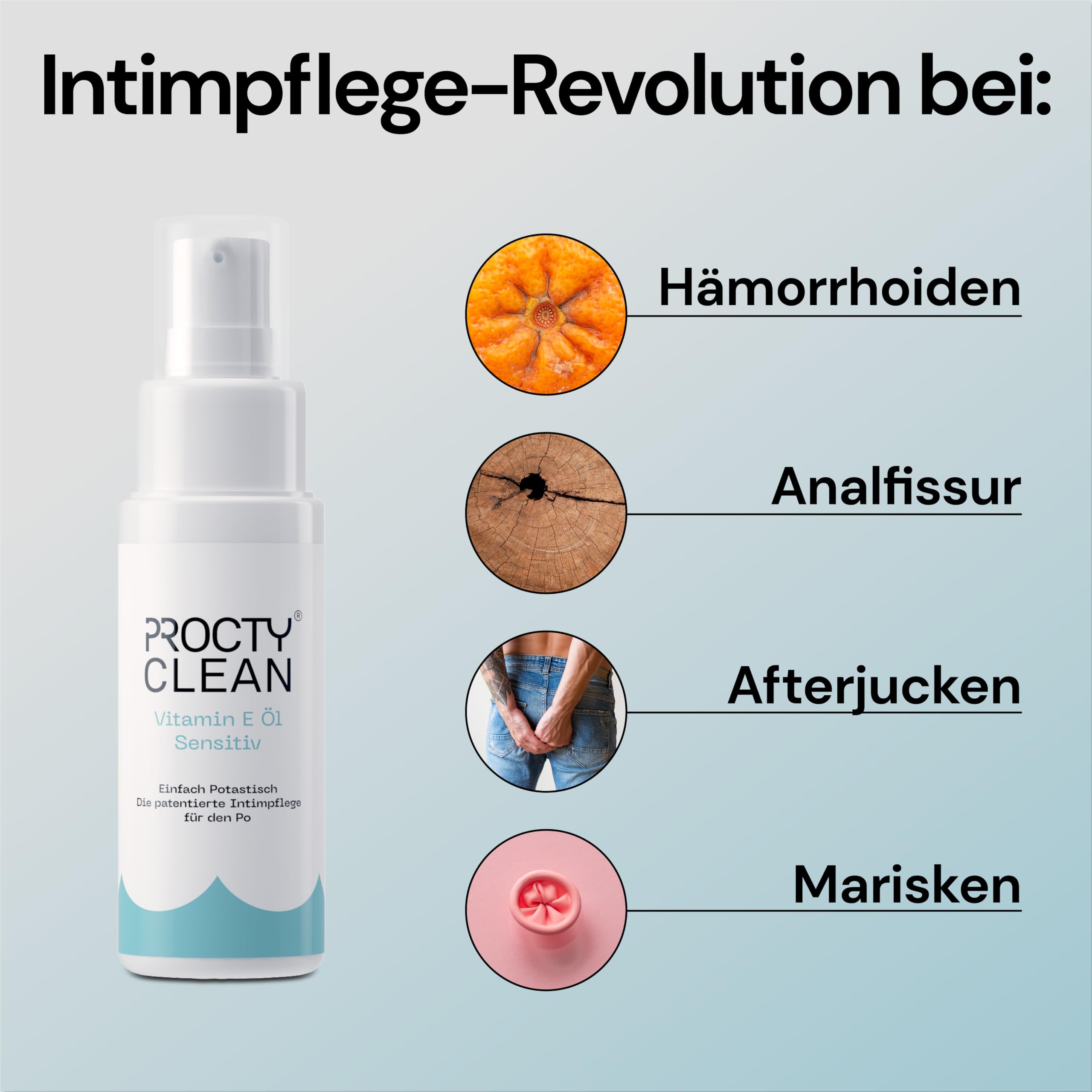 ProctyClean Vitamin-E-Öl für den Po! Alternative für Hämorrhoiden Salbe, feuchtes Toilettenpapier, Salbe für Analfissur, Po Dusche. Intimpflege Damen, Männer. Bei Hämorrhoiden, Entzündungen