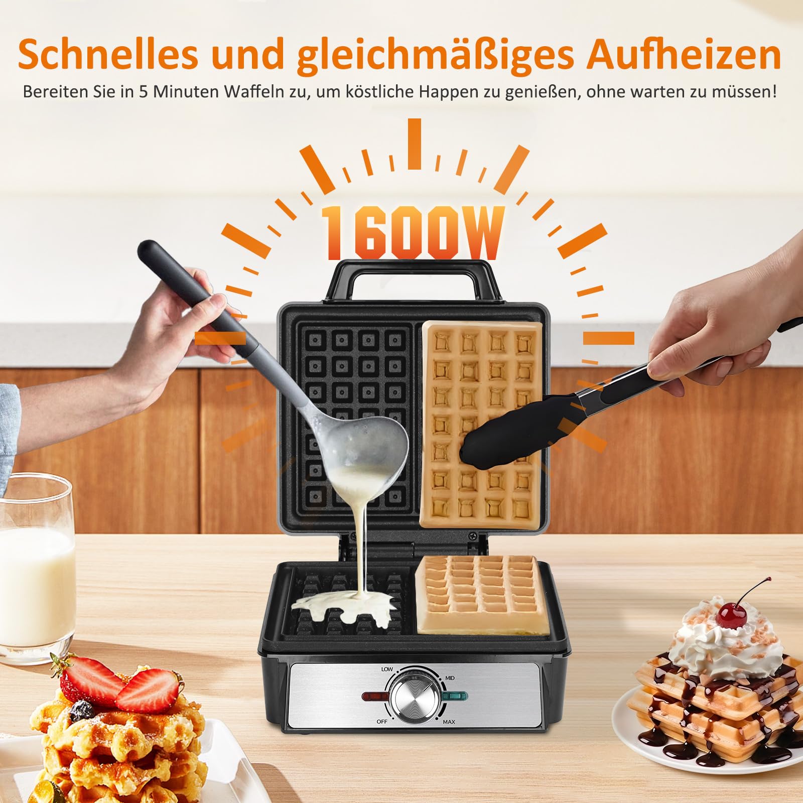Aigostar Waffeleisen für 2 belgische Waffeln, 1600W, Antihaftbeschichtung, 20,2x17,2x2 cm, Waffelautomat mit einstellbarer Temperatur, LED-Anzeige, kompaktes Edelstahl-Design, BPA und PFOA frei