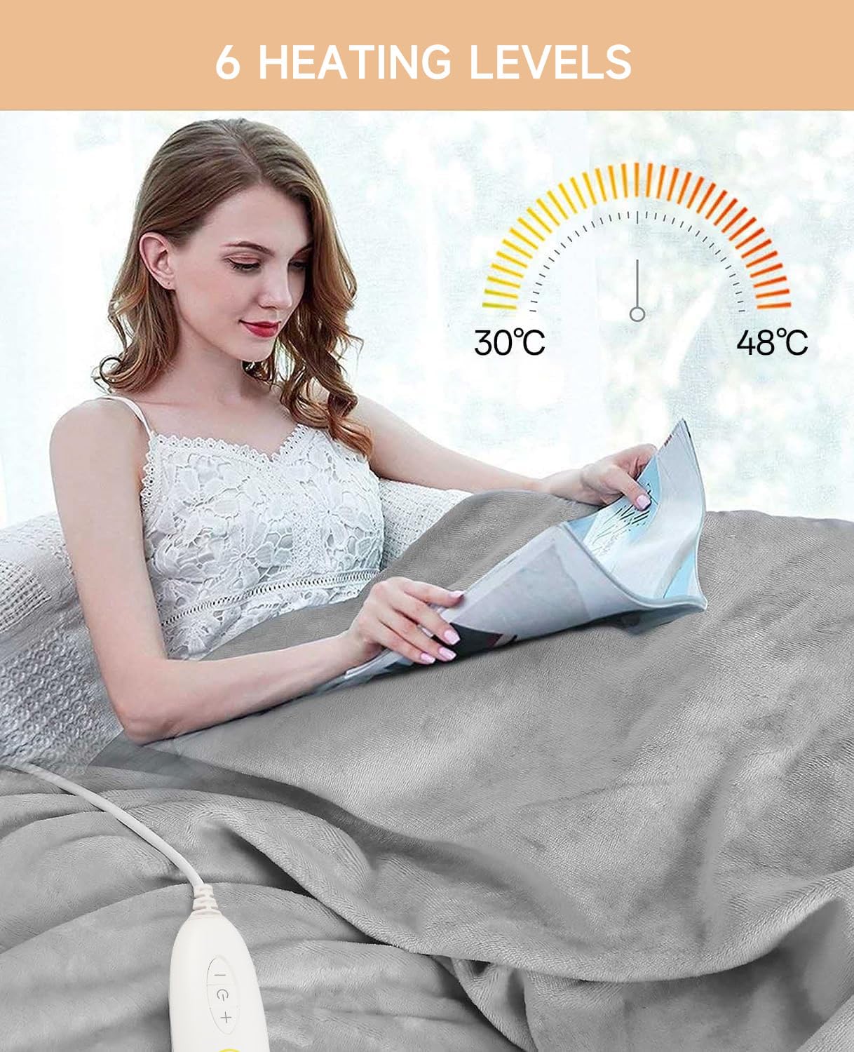 ALLJOY Coperta Termica XXL, Coperta Elettrica con Spegnimento Automatico, in Peluche, 200 x 180cm Extra Grande, Coperta Riscaldante Lavabile, 6 Livelli di Calore e 90 Mins del Timer