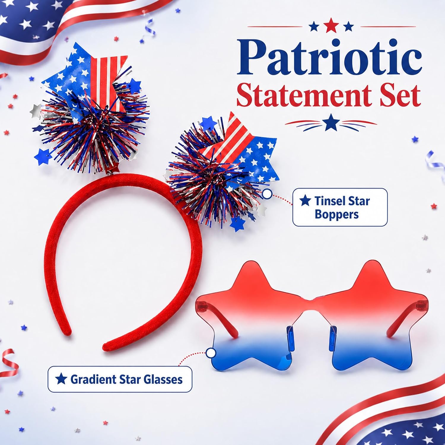 Patriotic Star Headband and Star-Shaped Glasses Set – Red White Blue Head Bopper Costume Dress-Up Accessories for 4th of July, Independence Day, Memorial Day, Veterans Day, Parades Party Favors