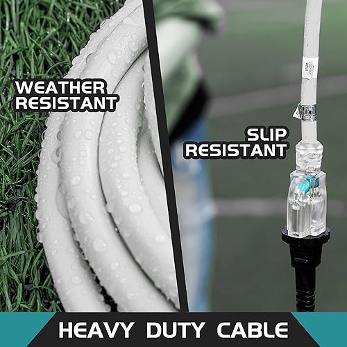 Miniatura 4 de HONDERSON Cable de extensión iluminado para exteriores de 10 pies con 3 tomas de corriente, cable de extensión blanco resistente SJTW 143 con