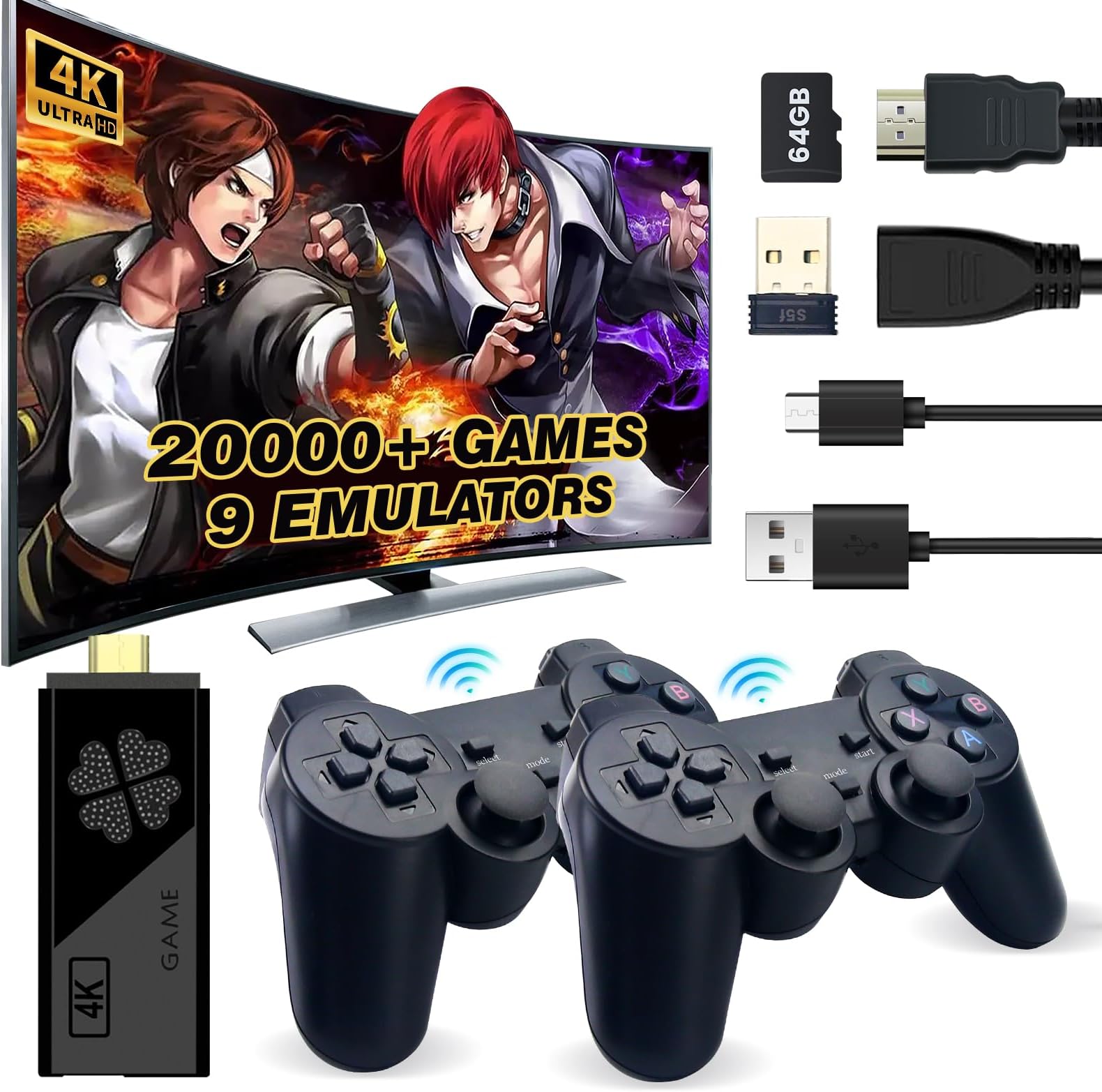 Upgraded Model Wireless Retro Game Stick, Retro Video Game Console, 9 emulators, (64G), with Over 20000 Built-in Electronic Games, 4K HDMI Output, Dual 2.4G Wireless Control Plug and Play Retro Game