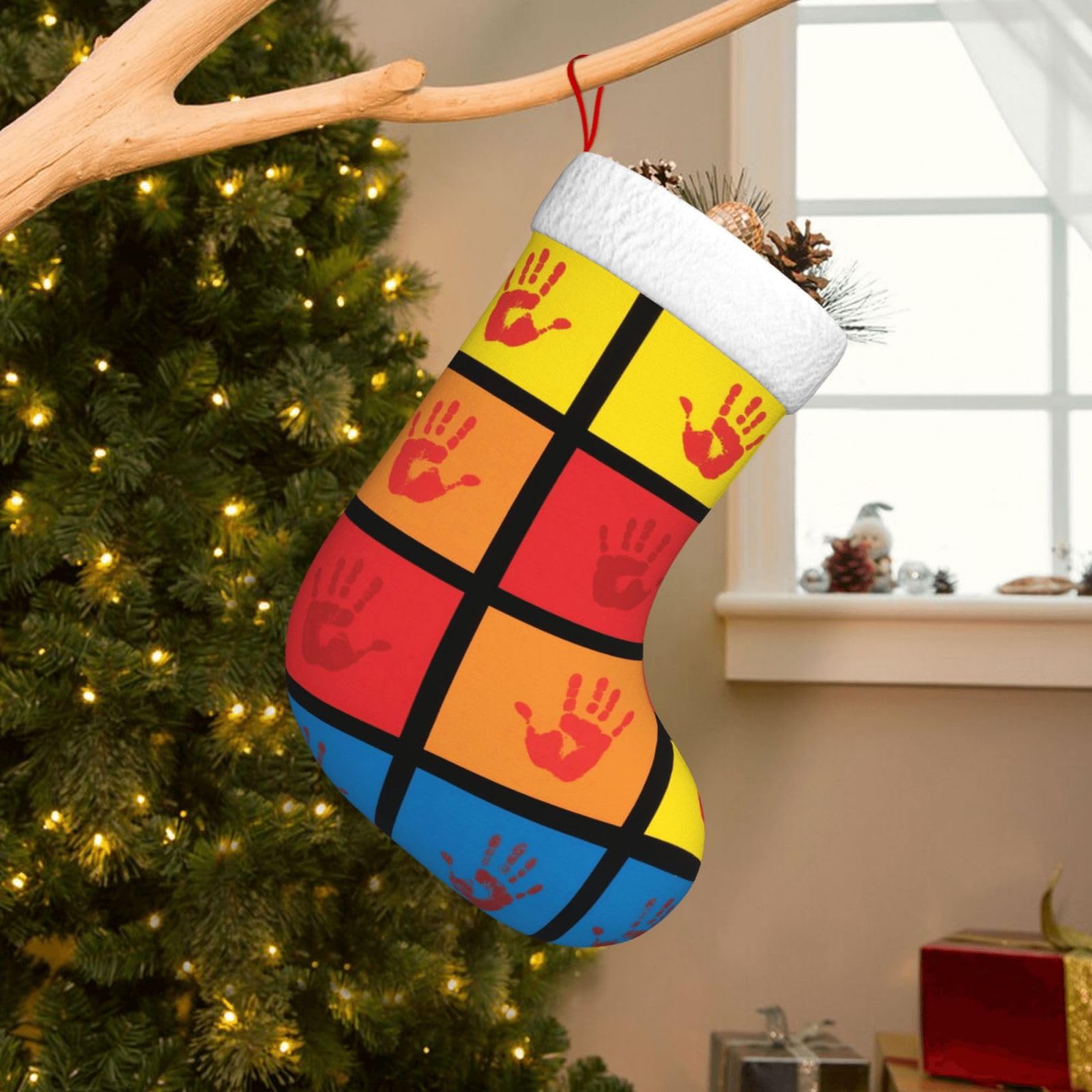 Velvet Christmas Stockings 17.7 Inch, Handprints Xmas Stocking with Soft Cuff,Classic Personalized Christmas Tree Decoration for Family Holiday New Year Party Supplies