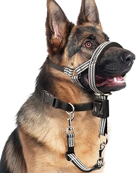 BARKLESS No Pull Dog Head Collar for Gentle Training Walking, Soft Padded Head Halter with Collar Safety Clip, Comfortable Fit Muzzle Leash with Reflective Strap for Medium Large Dog Grey, L