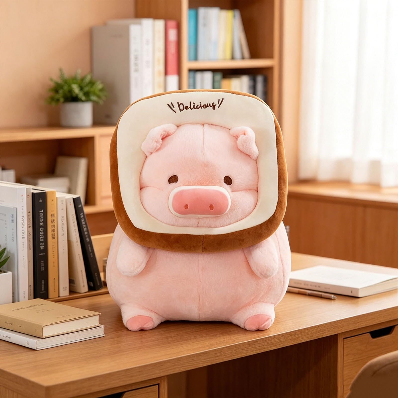 Rundes Toast Schwein Plüschtier, 30/35/45cm rosa Schwein Kuscheltier mit abnehmbarem Brotkranz und Delicious Stickerei, lustiges Ferkel Stofftier für Kinder, als Dekokissen und Geschenk (45 cm)