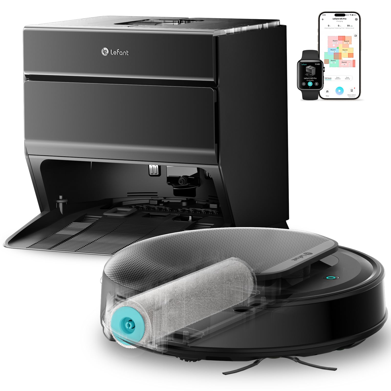 Lefant LiDAR Robot Vacuum and Mop, 18000Pa Suction, PSD 2.0 Obstacle Avoidance, All-in-One Robot Vacuum 120 Day Self-Emptying, Self Cleaning Roller Mop, Auto Drying, Supports 2.4G/5G WiFi, M5 Pro