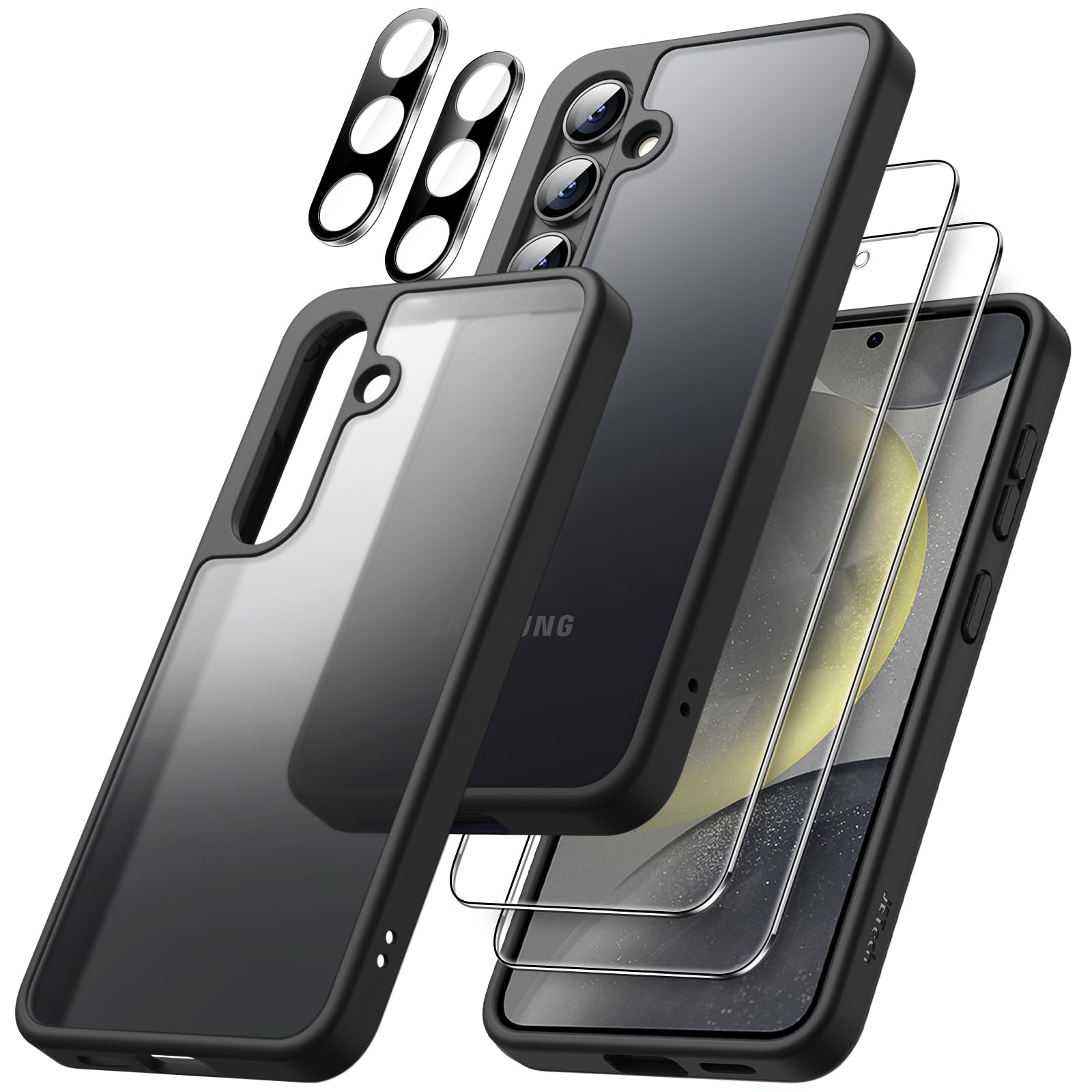 JETech 5 in 1 Cover Opaca per Samsung Galaxy S24 5G con 2 Pellicola Protettiva e 2 Protezione Lente Fotocamera, Posteriore Traslucida Custodia, Vetro Temperato Film (Nero)