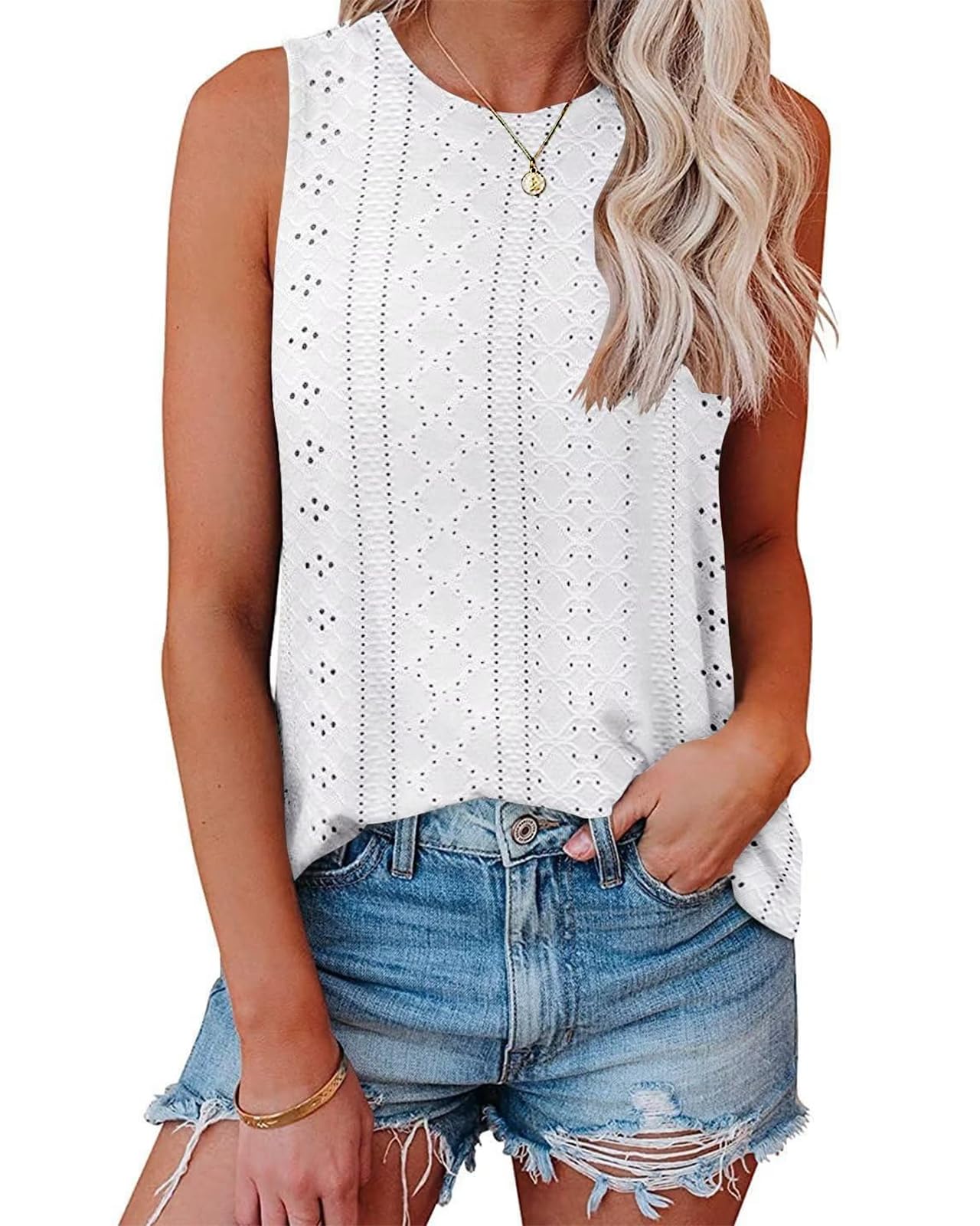 RIROW Womens Tank Tops Eyelet Embroidery Crewneck Shirts Summer Sleeveless Women 2024 Casual Loose Fit Tunic Basic Top S-2XL