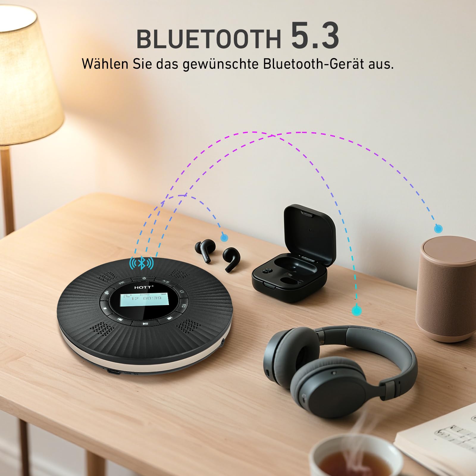 HOTT Tragbarer Bluetooth CD Player mit 4 Lautsprechern, FM-Transmitter & Anti-Skip, 1800mAh Akku mit Kopfhörern für Auto & Zuhause，Schwarz