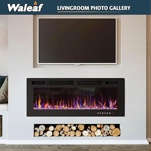 Miniatura 10 de Waleaf Chimenea eléctrica de 50 pulgadas montada en la paredempotrada, calentador de chimenea con llama multicolor, temporizador de bajo ruido
