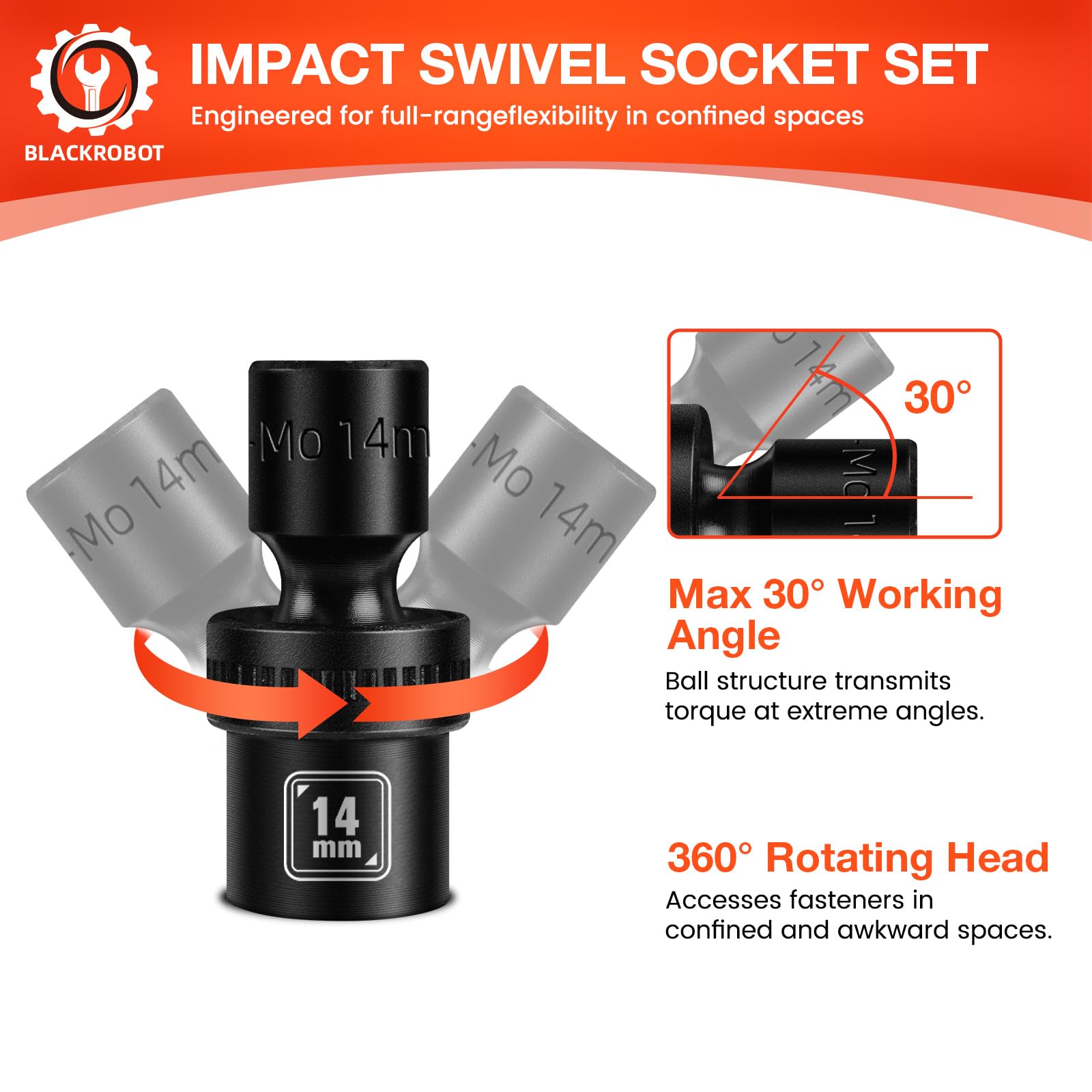 BLACKROBOT Set di chiavi a bussola universali a percussione, con attacco da 3/8", 12 pezzi, con 6 punti (10-22 mm), acciaio CR-MO, include binario di stoccaggio