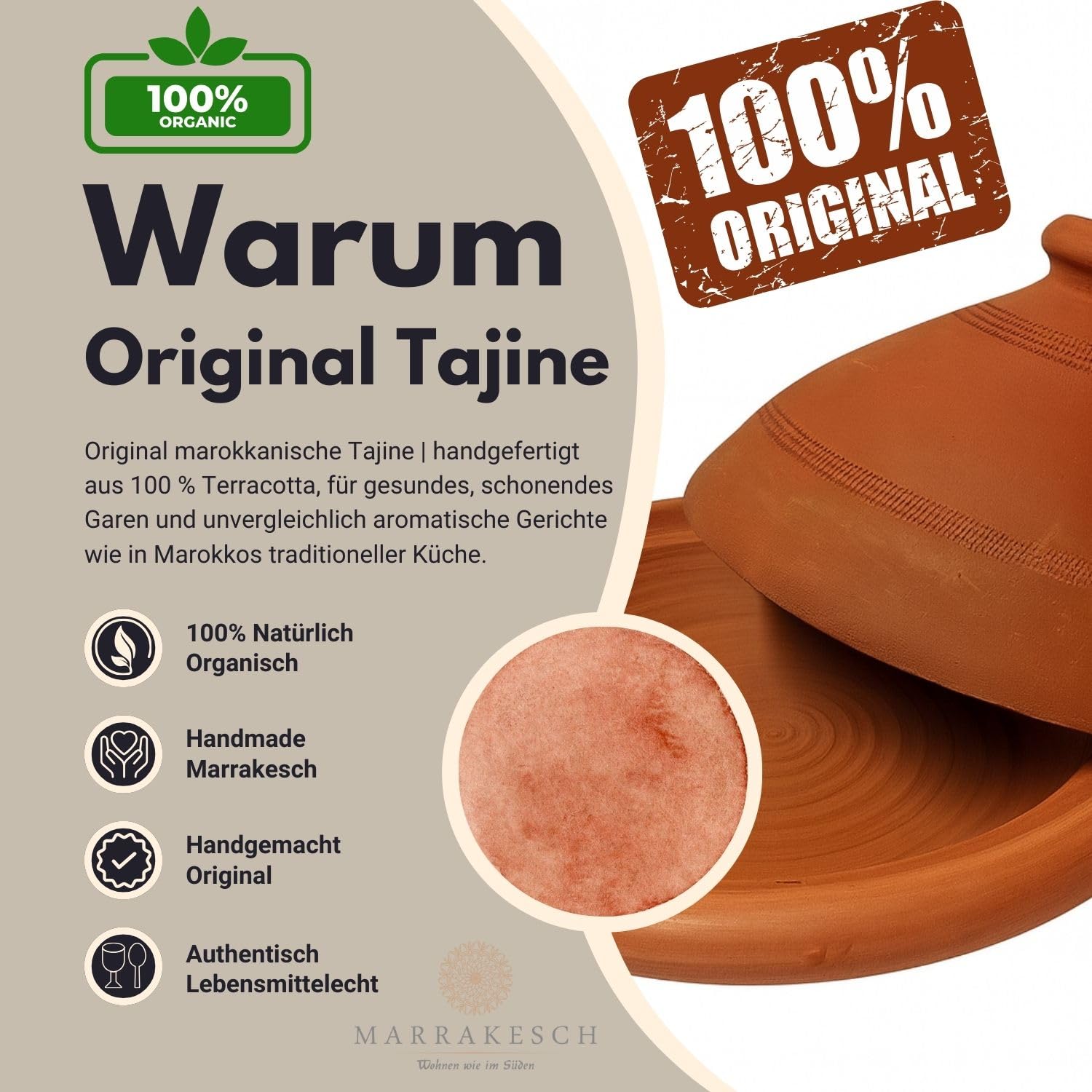 ORIGINAL Tajine Marocain en Terre Cuite Tuareg Ø 26cm pour 1-3 Personnes | Plat a Tagine avec couvercle fait Main au Maroc | non émaillé Libre de matières Toxiques pour votre Cuisine Marocaine