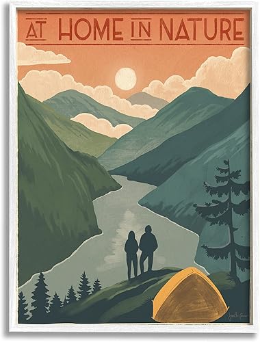 Stupell Industries at Home in Nature Phrase - Tienda de campaña con diseño de montañas, diseño de Janelle Penner, arte de pared enmarcado en blanco,